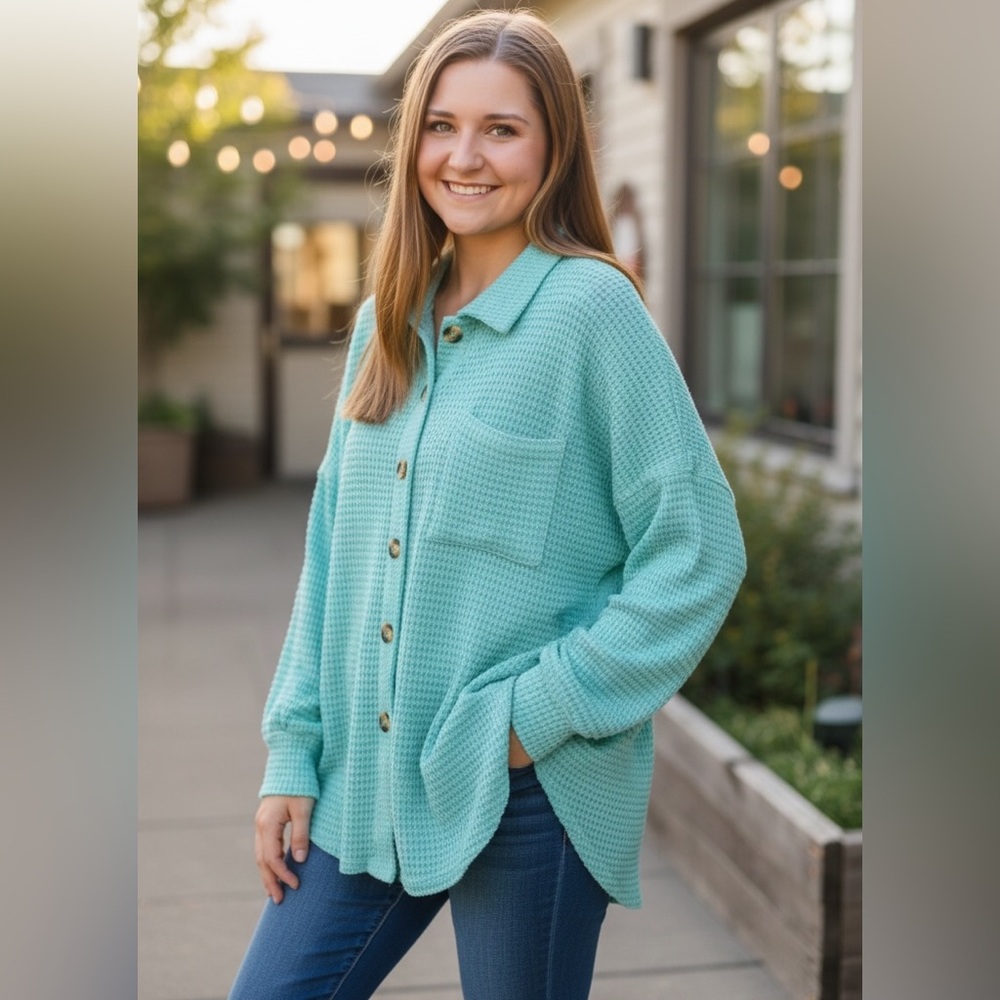 1.4.3 Story Waffle Knit Plus Button Down Blouse